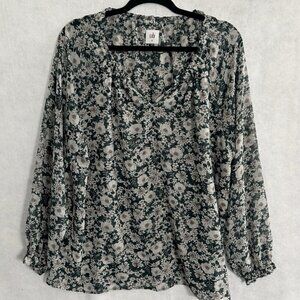 CABI Women Floral Peasant Pullover Blouse Sheer Top 3765 Sz M Green 5-12